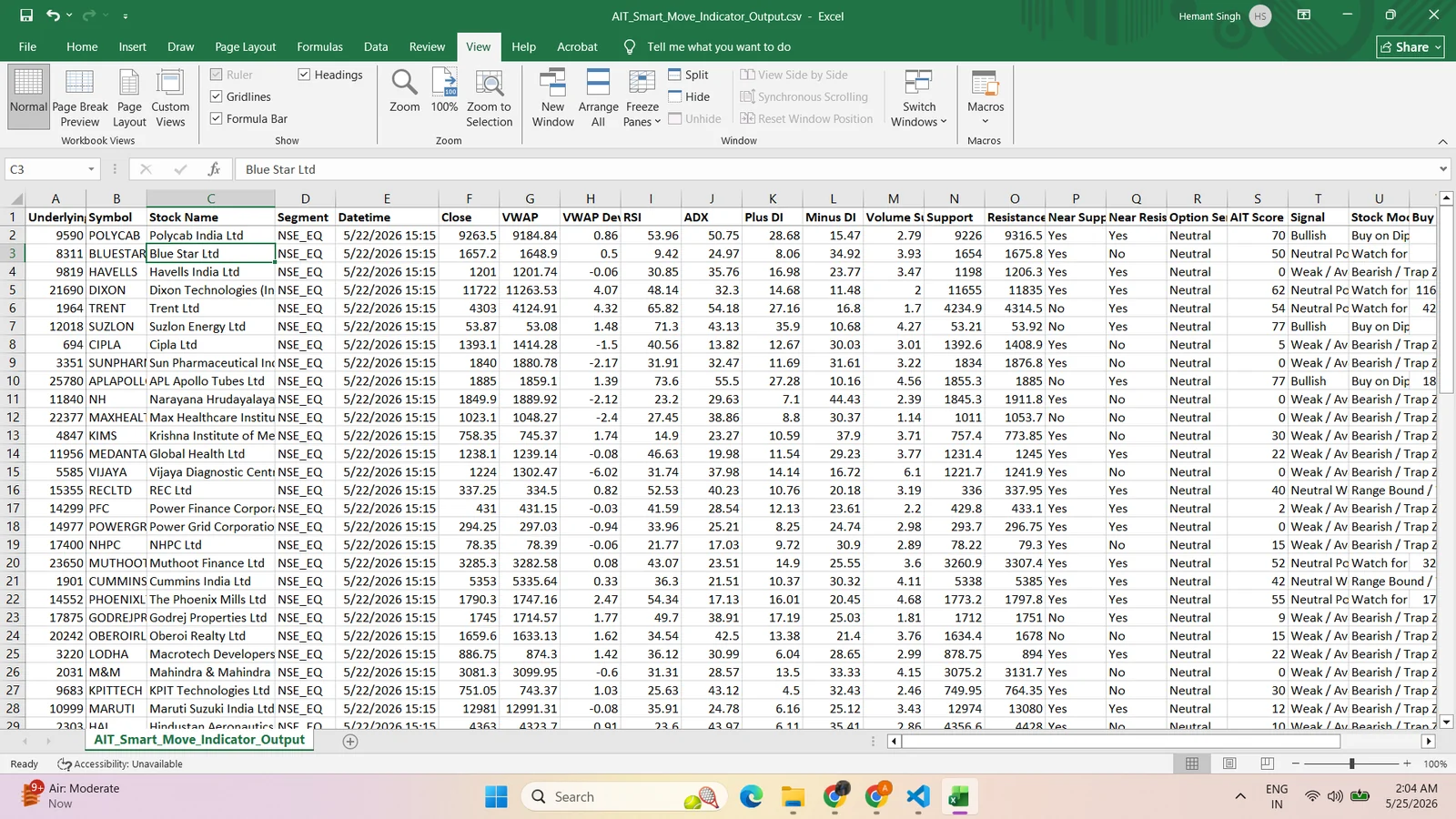 AIT Smart Move Indicator Excel scanner output sample